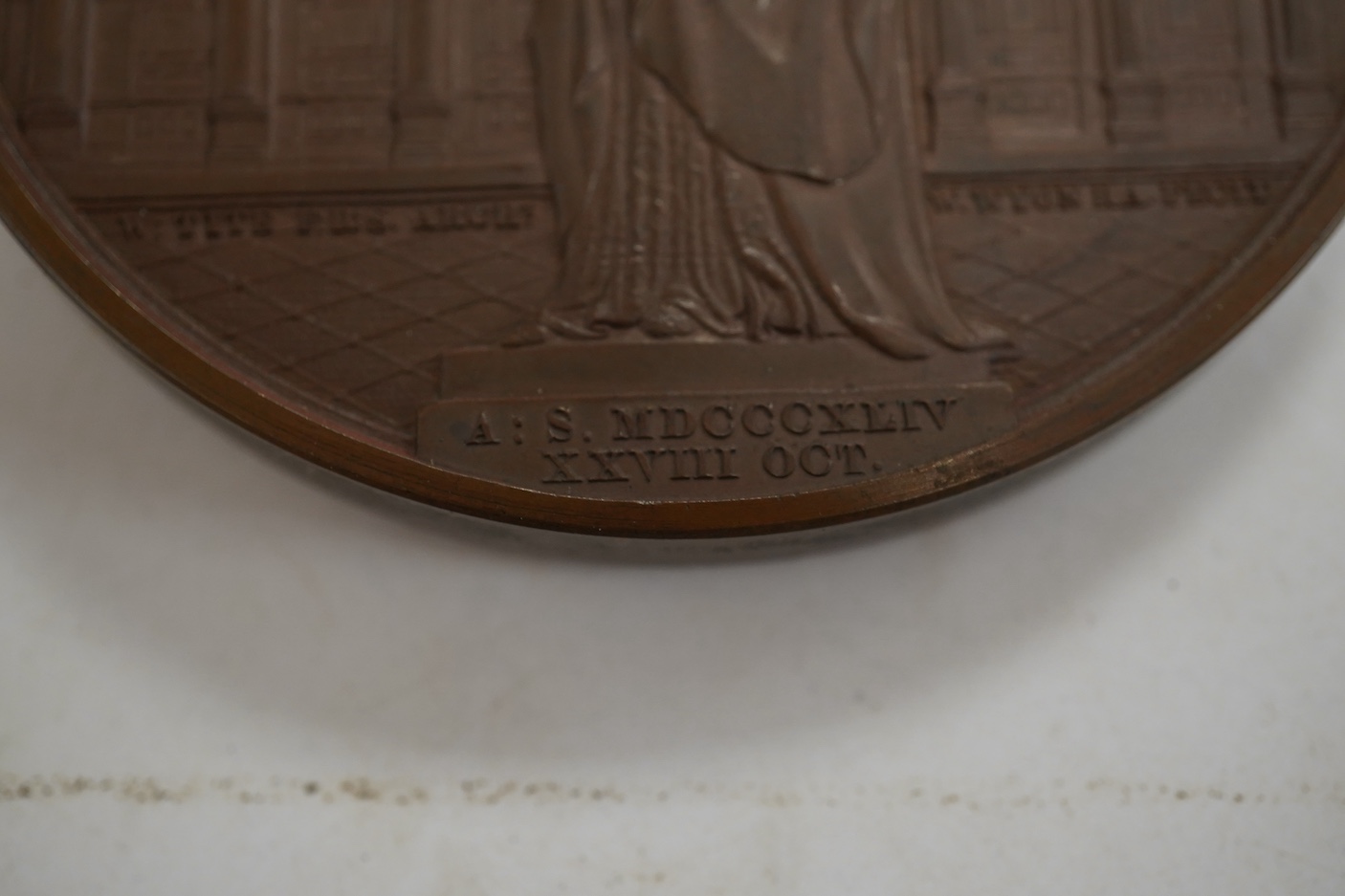 Victoria medals, Opening of the New Royal Exchange, 1844, a copper medal by W. Wyon, bust of Thomas Gresham left, rev. statue of Victoria in front of elevation of the Exchange, 73mm, BHM 2185, spotting otherwise EF, in f